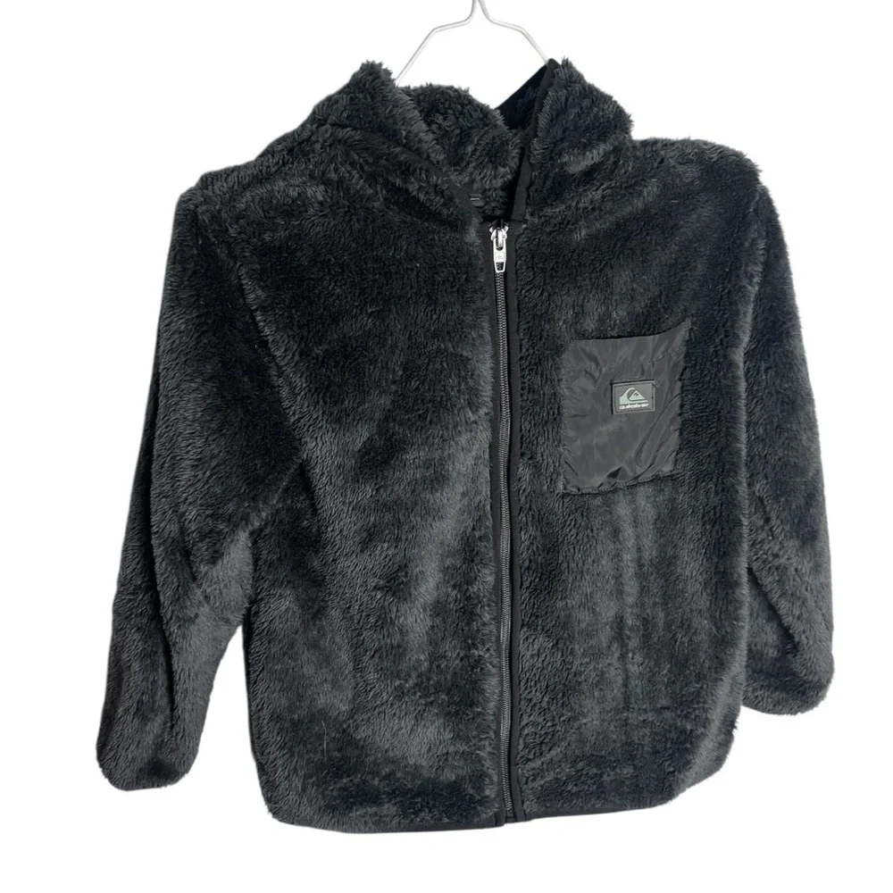 Quicksilver black teddy fuzzy hoodie jacket full front zipper size 7